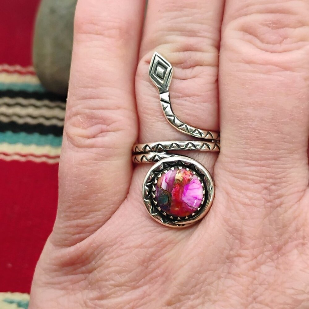 Coiled Rattlesnake Snake Ring Pink Dahlia Spiny Oyster Copper Turquoise Size 8